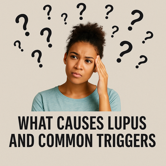 A woman with question marks around her head and the words What causes lupus and common triggers
