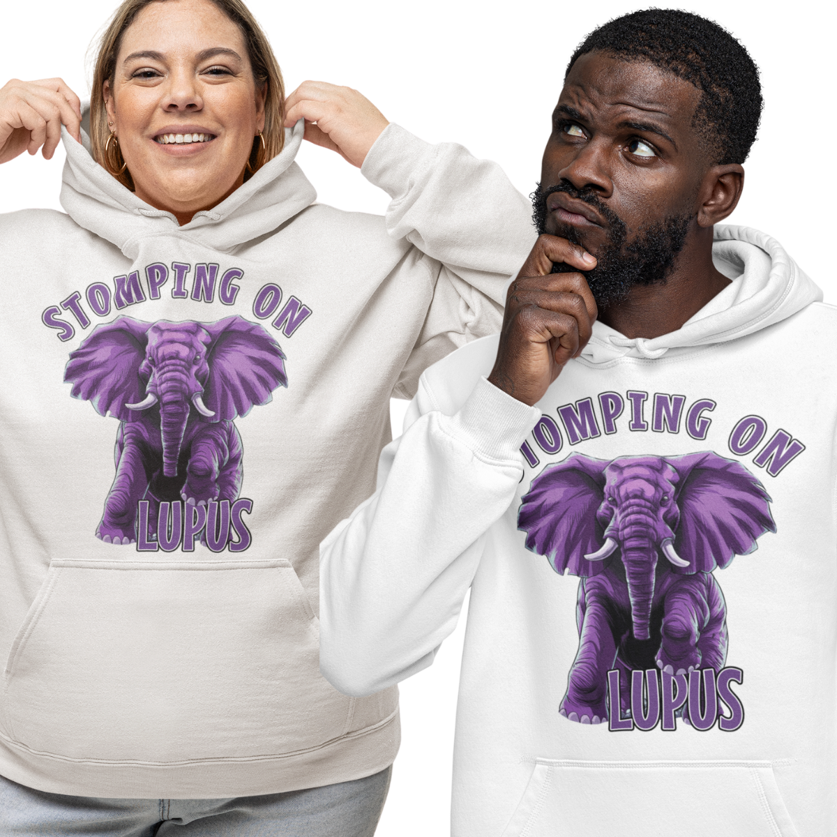 Couple wearing a “Stomping On Lupus” hoodie in white with empowering purple elephant design.