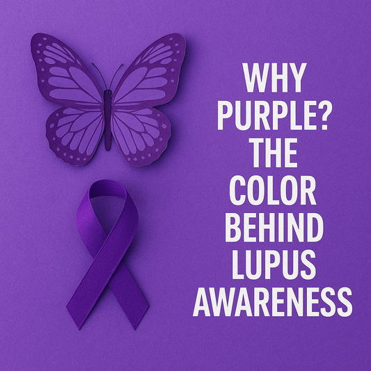Purple butterfly and awareness ribbon on a purple background with the text 'Why Purple? The Color Behind Lupus Awareness