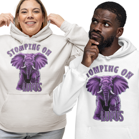 Couple wearing a “Stomping On Lupus” hoodie in white with empowering purple elephant design.