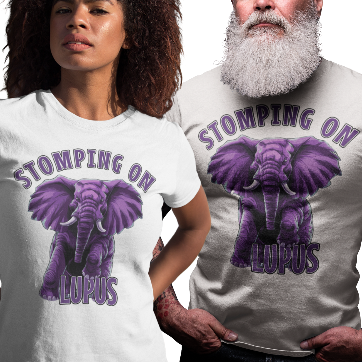Couple wearing a “Stomping On Lupus” tee in white with empowering purple elephant design.