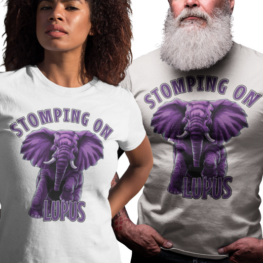 Couple wearing a “Stomping On Lupus” tee in white with empowering purple elephant design.